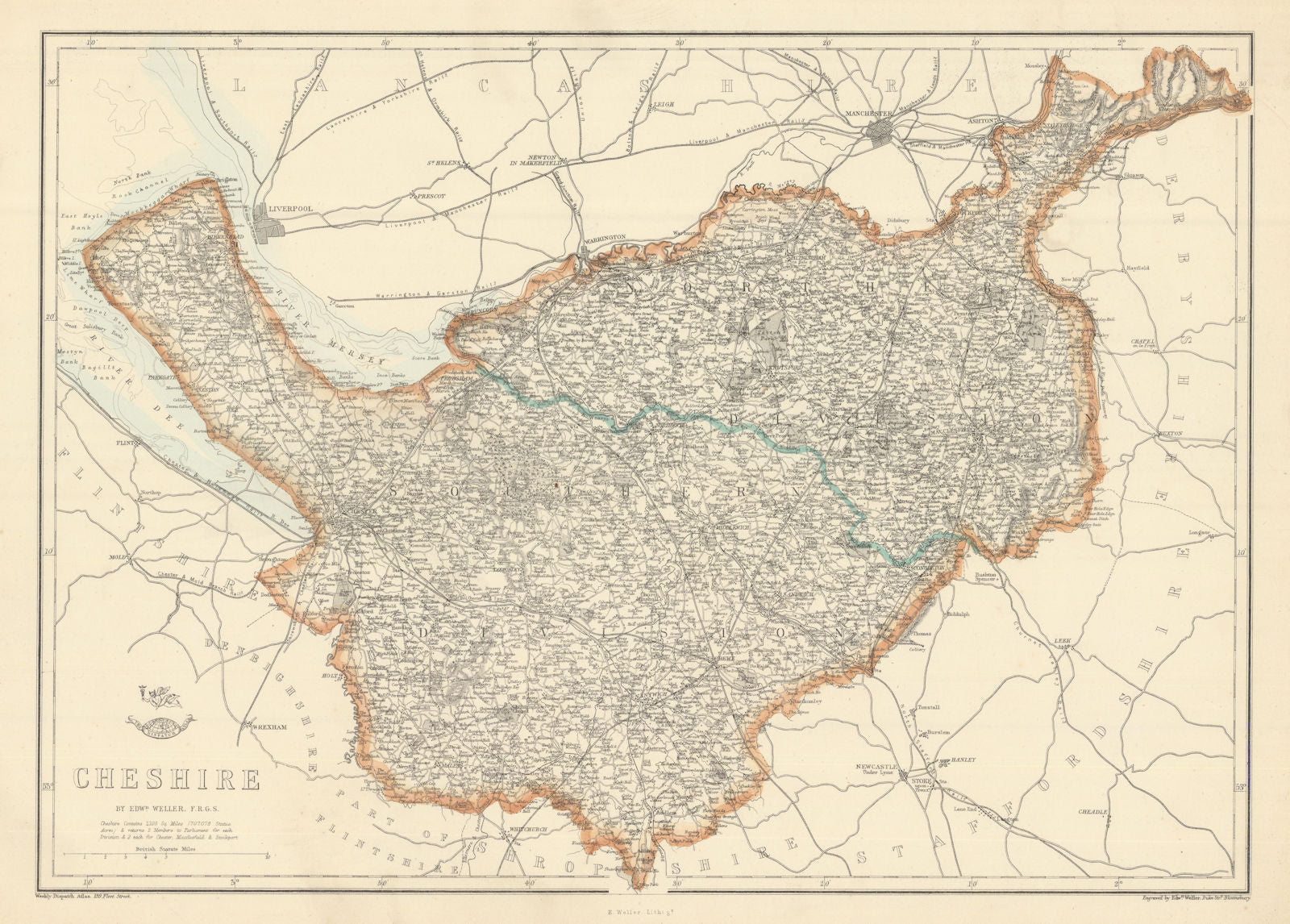 CHESHIRE. Antique county map. Railways. WELLER 1863 old plan chart